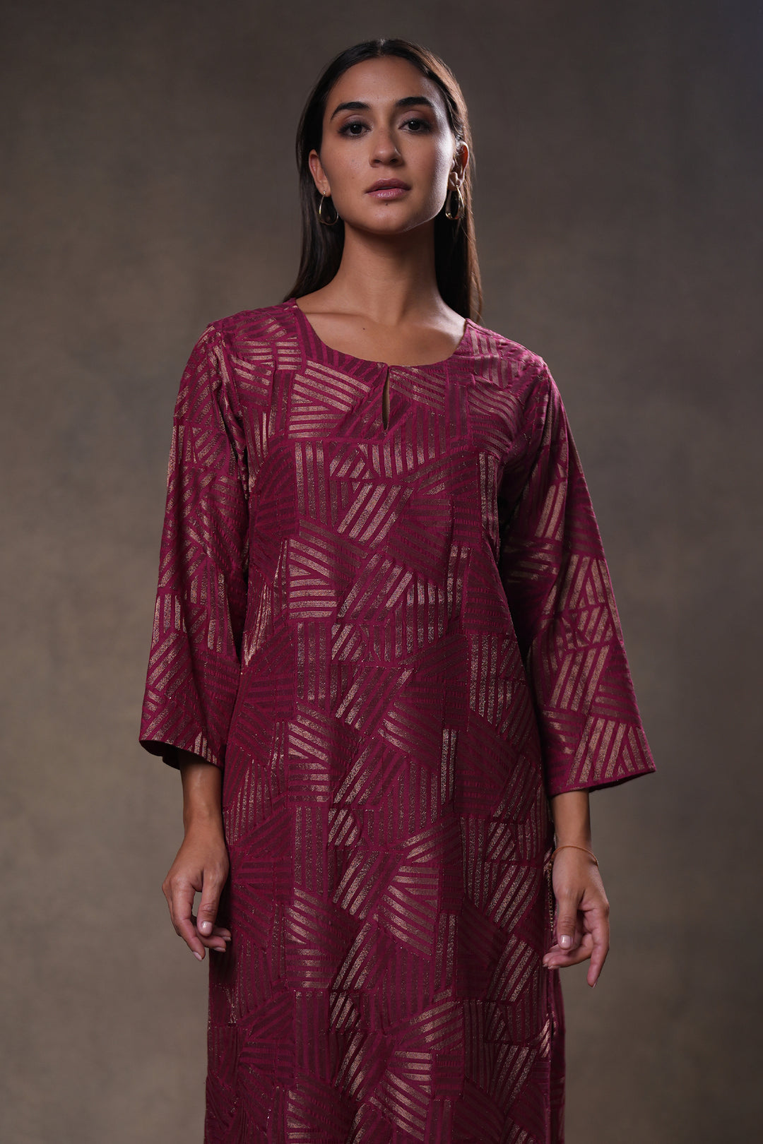 Wine Embroidered Cotton Silk Kurta with Pants and Dupatta