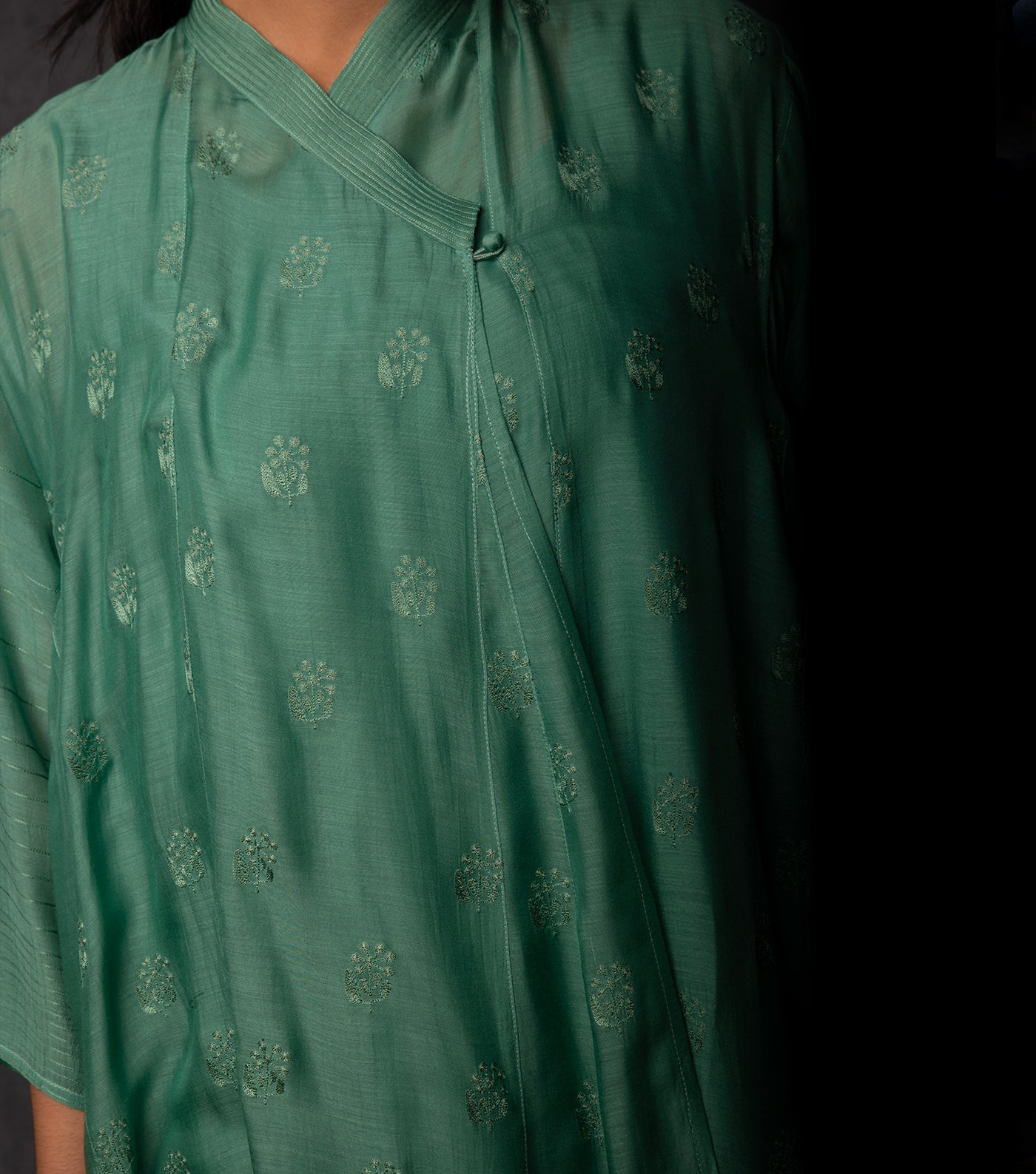 Jade Green Thread Embroidered Muslin Choga