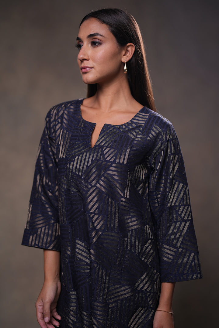 Navy Embroidered Cotton Silk Kurta with Pants and Dupatta