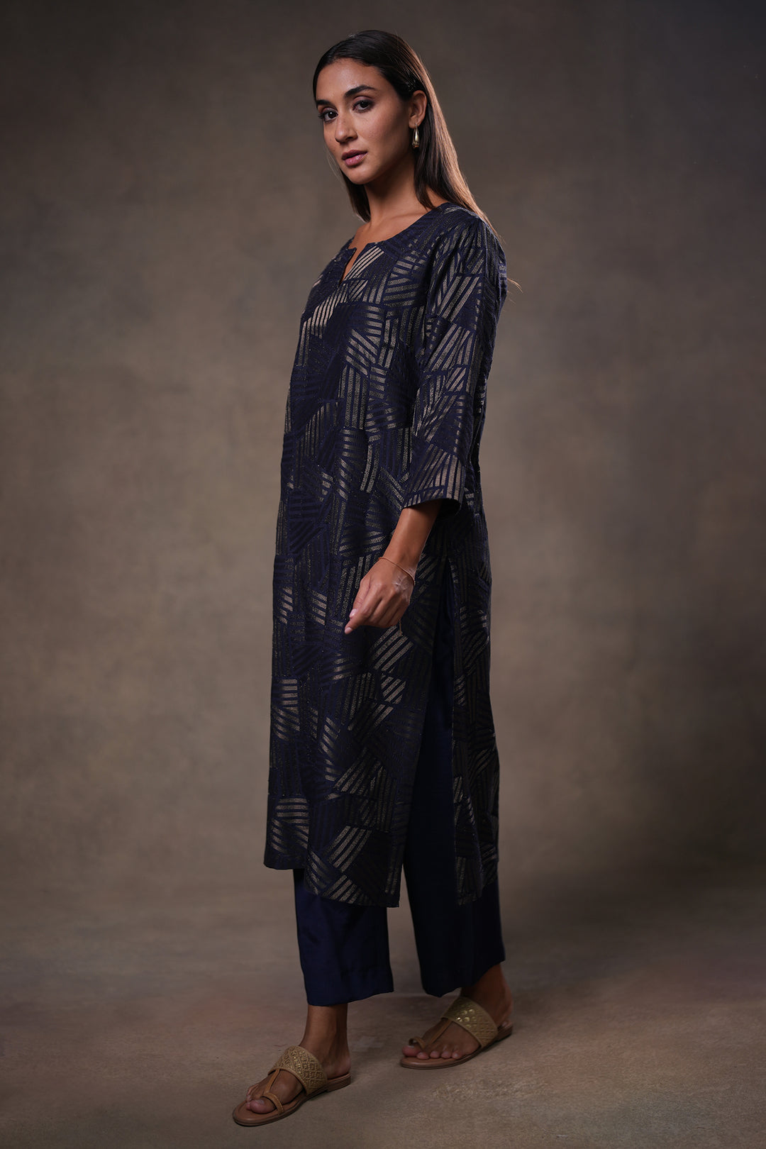 Navy Embroidered Cotton Silk Kurta with Pants and Dupatta