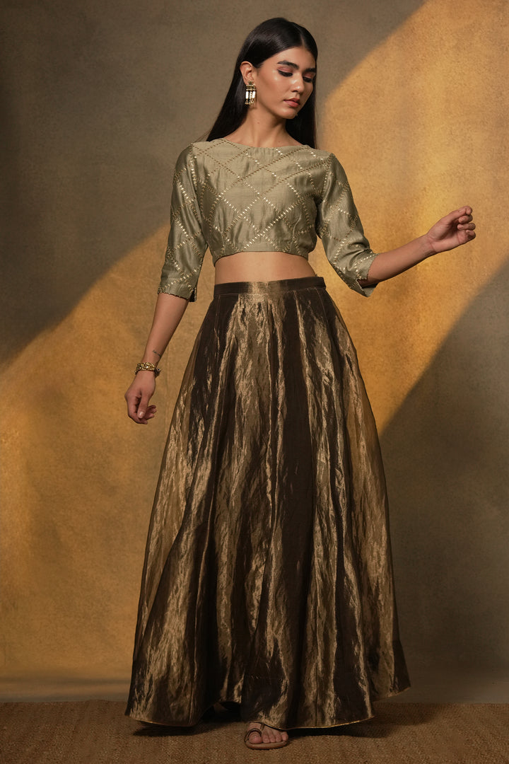 Veg Embroidered Chanderi Blouse with Tisssue Lehenga and Dupatta