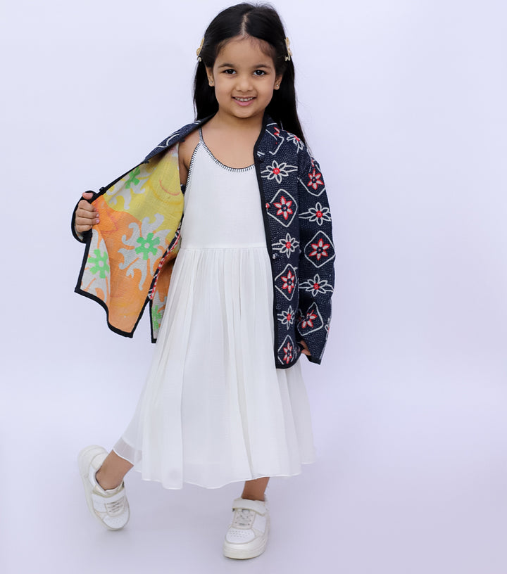 Black Vintage Cotton Kantha Jacket For Kids
