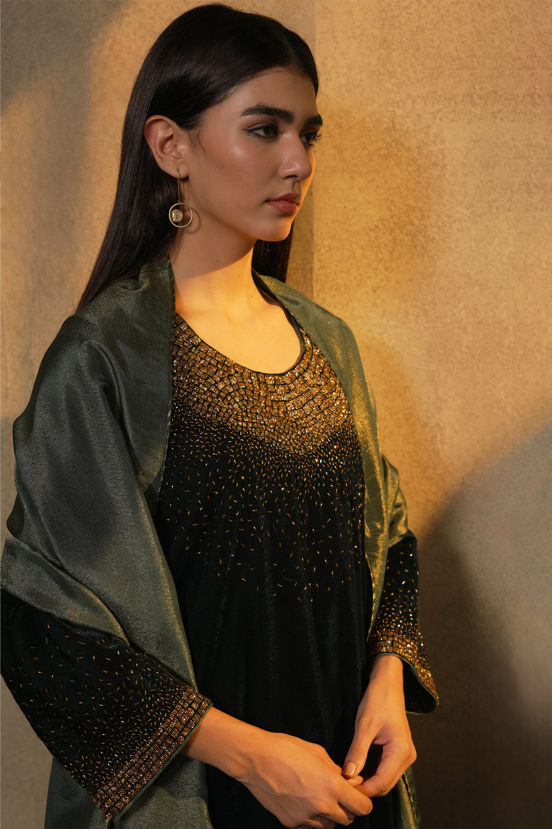 Emerald Green Velvet Kurta with Pants and Tissue Dupatta