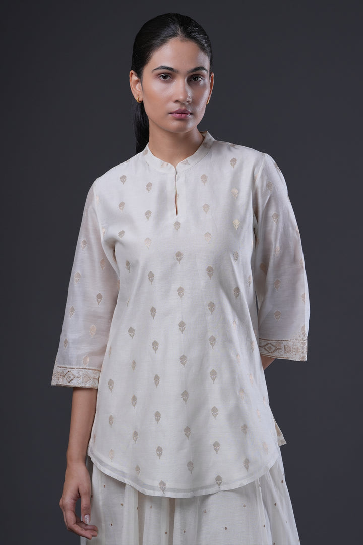 Natural Hand Embroidered Banarsi Chanderi Short Kurta