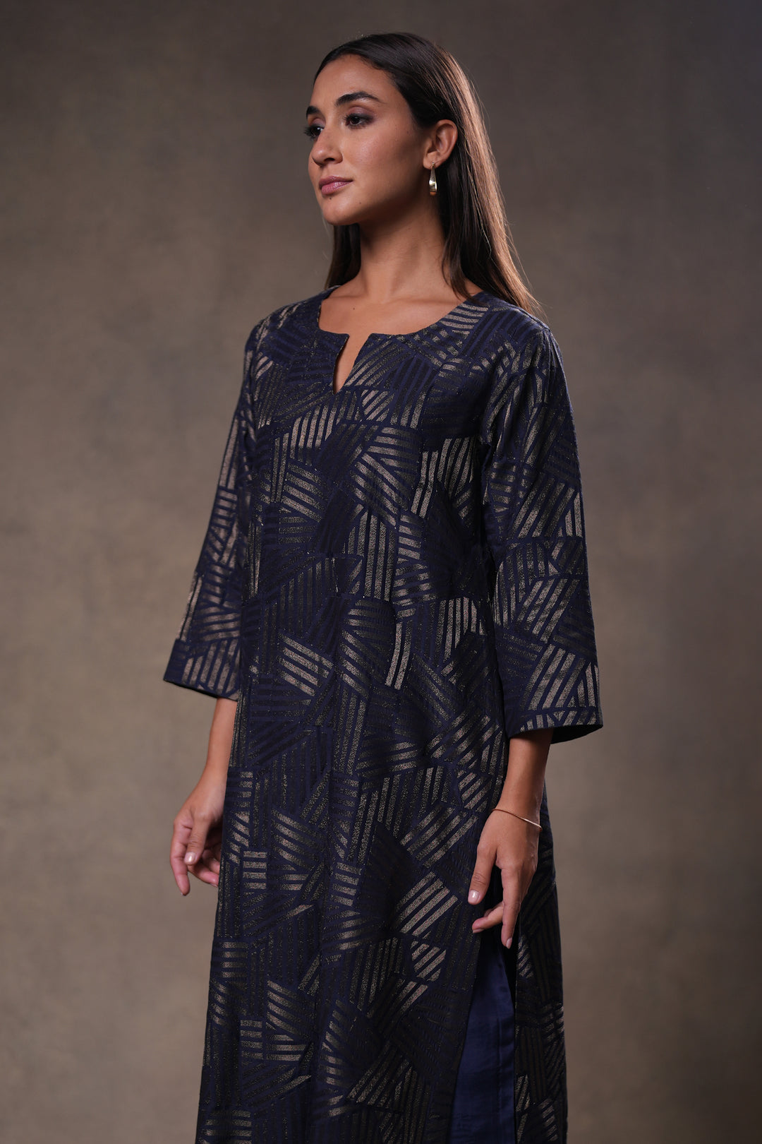 Navy Embroidered Cotton Silk Kurta with Pants and Dupatta