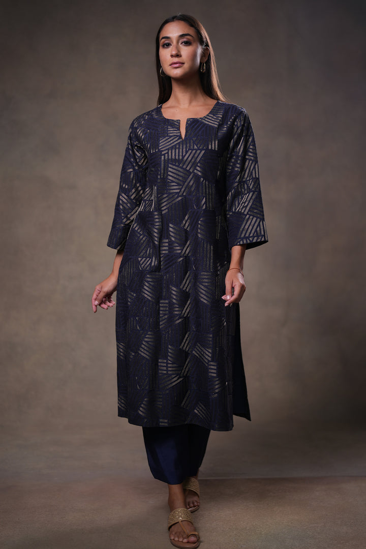 Navy Embroidered Cotton Silk Kurta with Pants and Dupatta