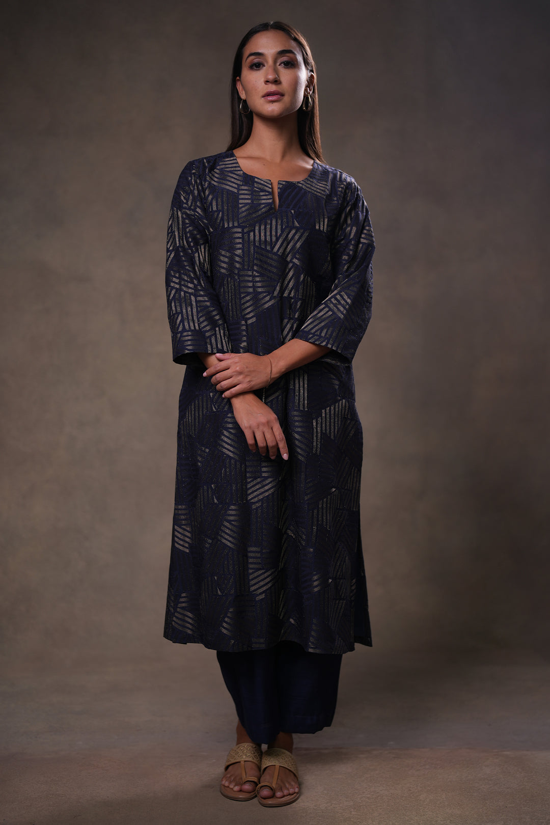 Navy Embroidered Cotton Silk Kurta with Pants and Dupatta