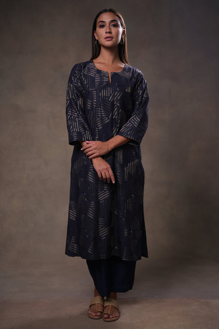 Navy Embroidered Cotton Silk Kurta with Pants and Dupatta