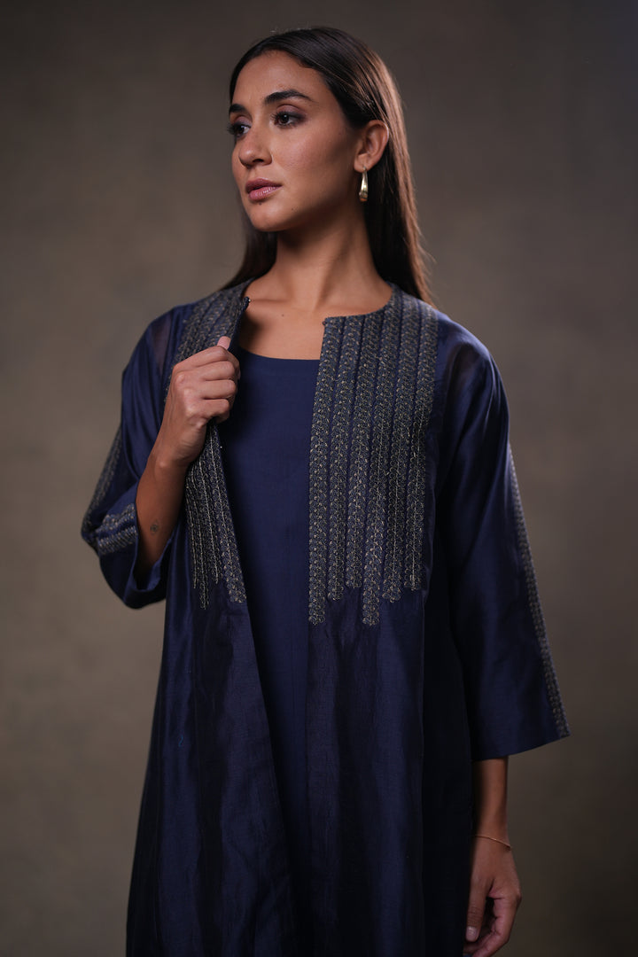 Navy Embroidered Chanderi Cape with Slip and Pants