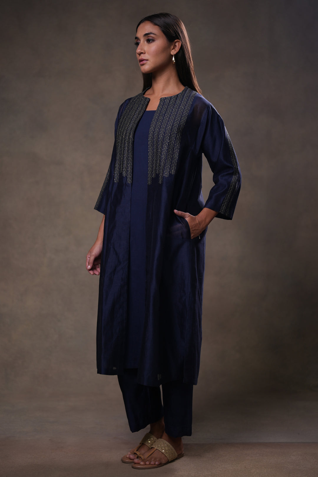 Navy Embroidered Chanderi Cape with Slip and Pants