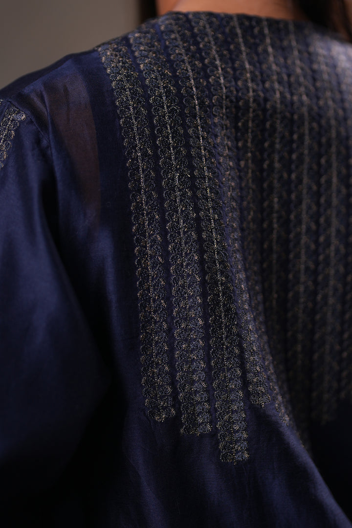 Navy Embroidered Chanderi Cape with Slip and Pants