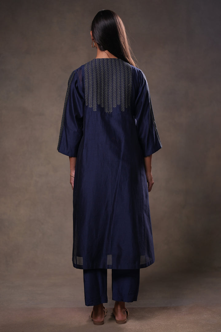Navy Embroidered Chanderi Cape with Slip and Pants