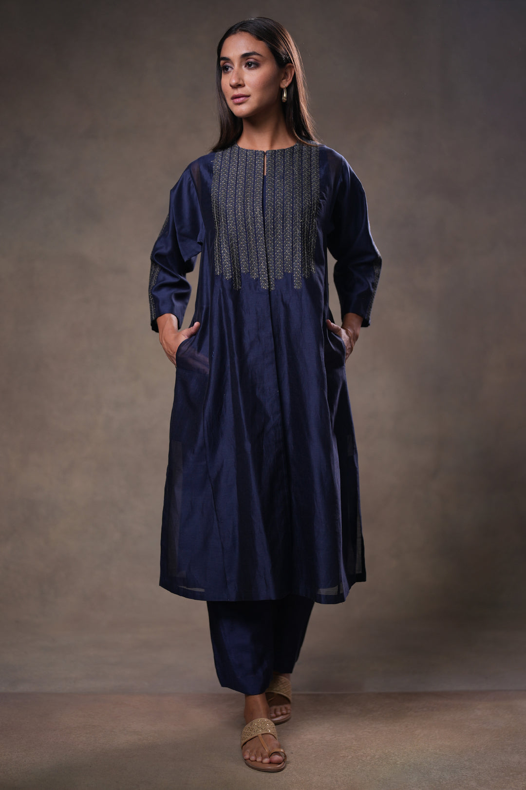 Navy Embroidered Chanderi Cape with Slip and Pants