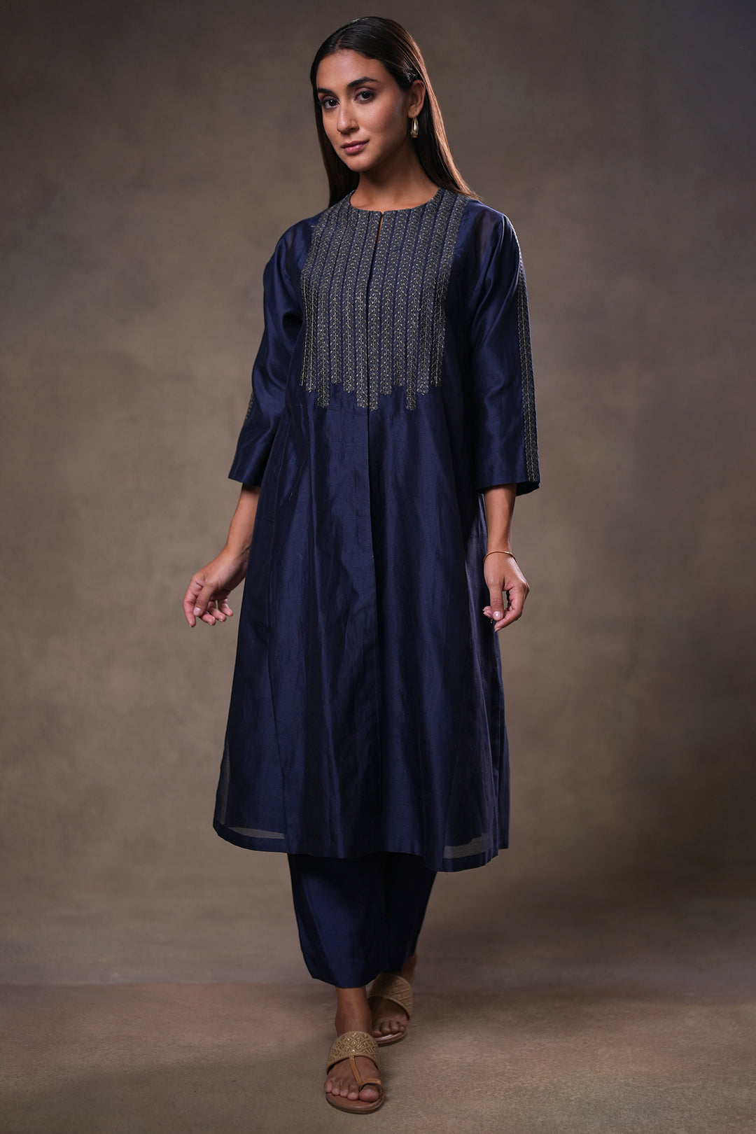 Navy Embroidered Chanderi Cape with Slip and Pants