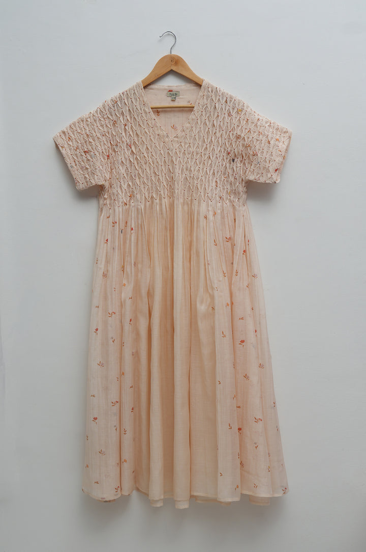 Cream Printed Chanderi Dress