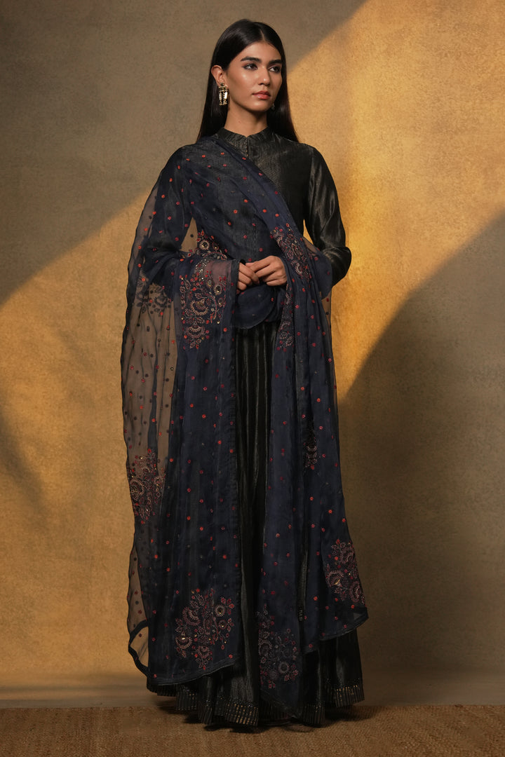 Navy Hand Embroidered Tissue Lehenga with Blouse & Organza Dupatta