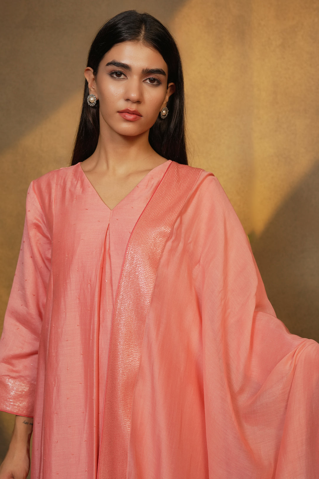 Peach Hand Embroidered Chanderi Kurta with Pants and Dupatta