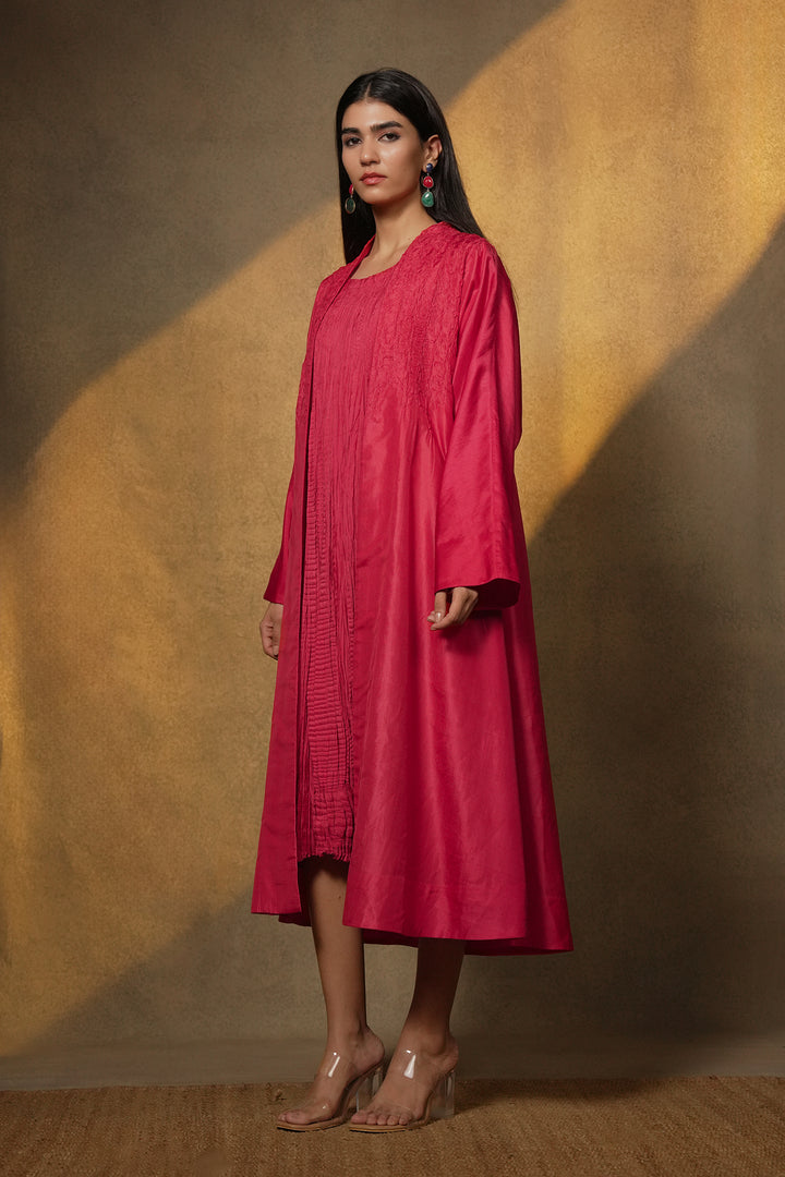 Pink Silk Embroidered Jacket with Crinkle Slip