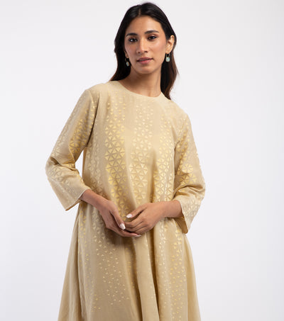 Beige Embroidered Cotton Kurta & Palazzo Pants Set