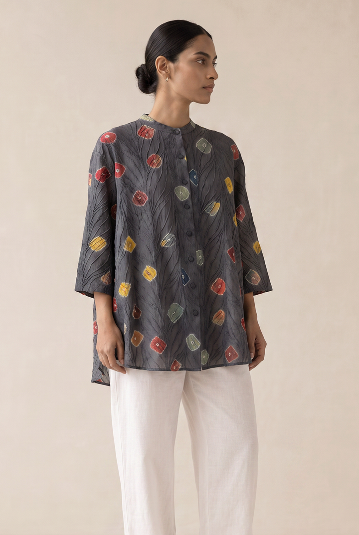 Grey Bandhani Chanderi Shirt