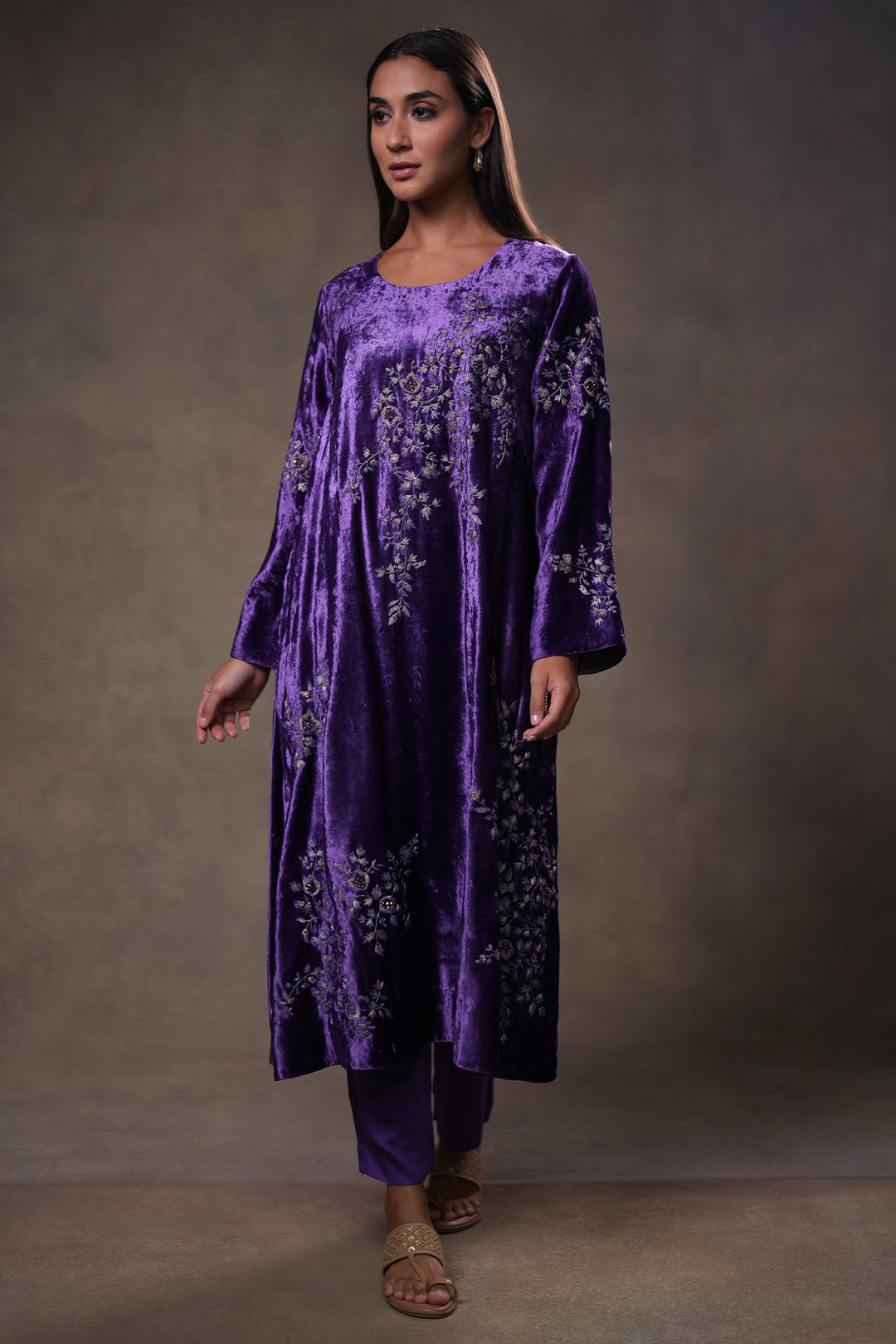 Purple Hand Embroidered Velvet Kurta with Pants and Dupatta