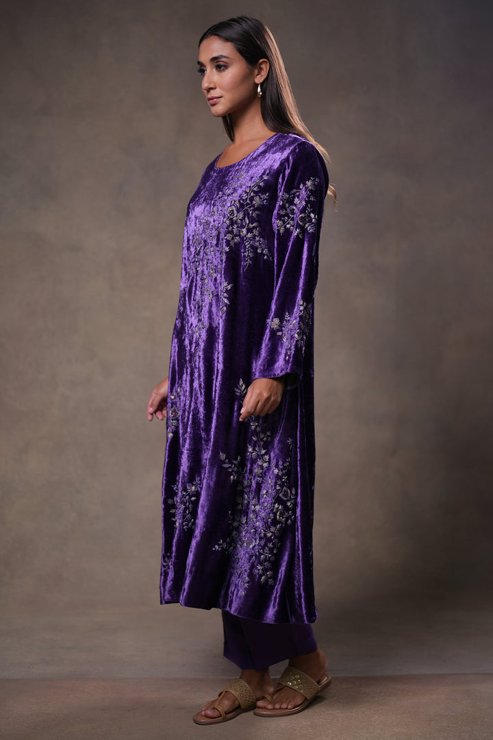 Purple Hand Embroidered Velvet Kurta with Pants and Dupatta
