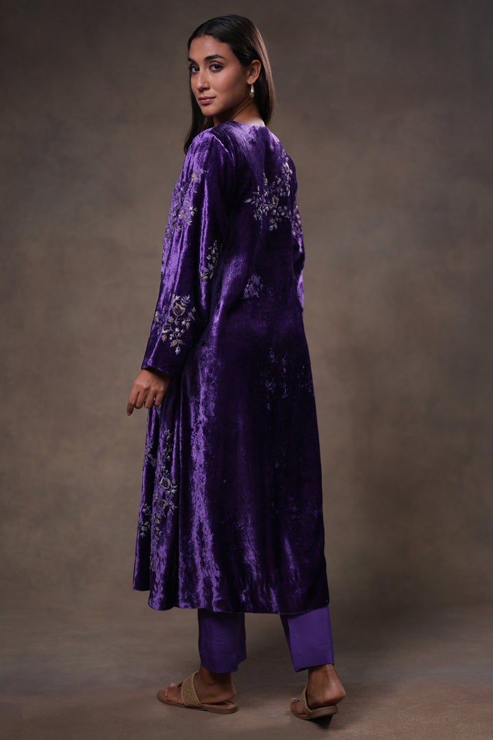 Purple Hand Embroidered Velvet Kurta with Pants and Dupatta