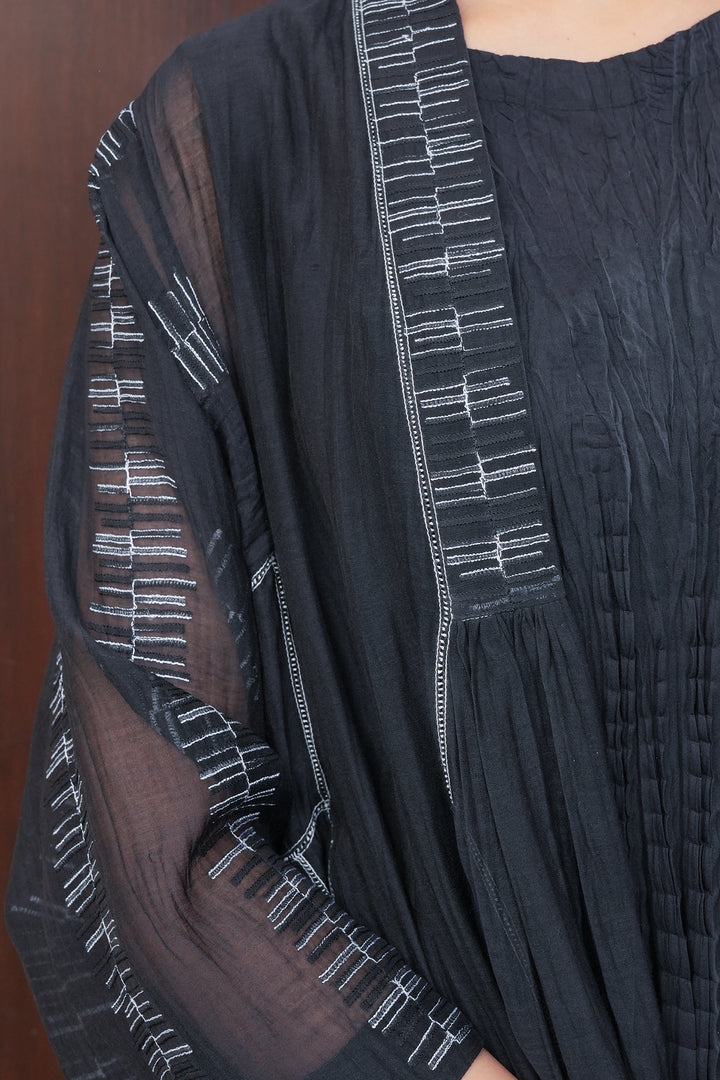 Black Embroidered Chanderi Cape with Cotton Slip