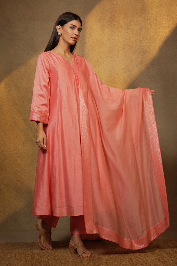 Peach Hand Embroidered Chanderi Kurta with Pants and Dupatta