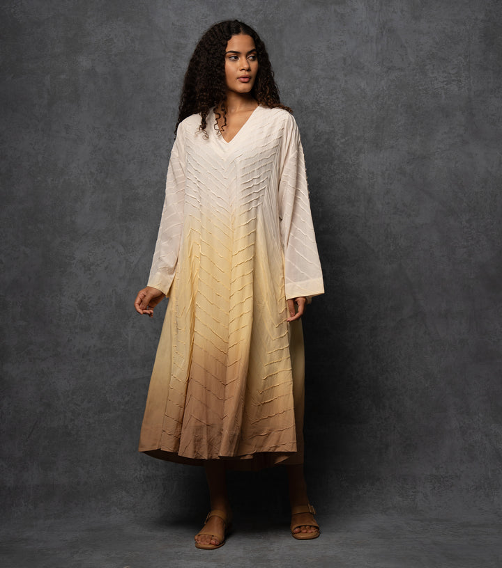 Yellow & Beige Ombre Thread Embroidered Cotton Dress