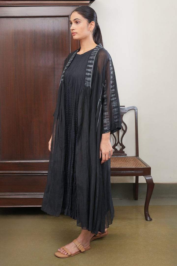 Black Embroidered Chanderi Cape with Cotton Slip