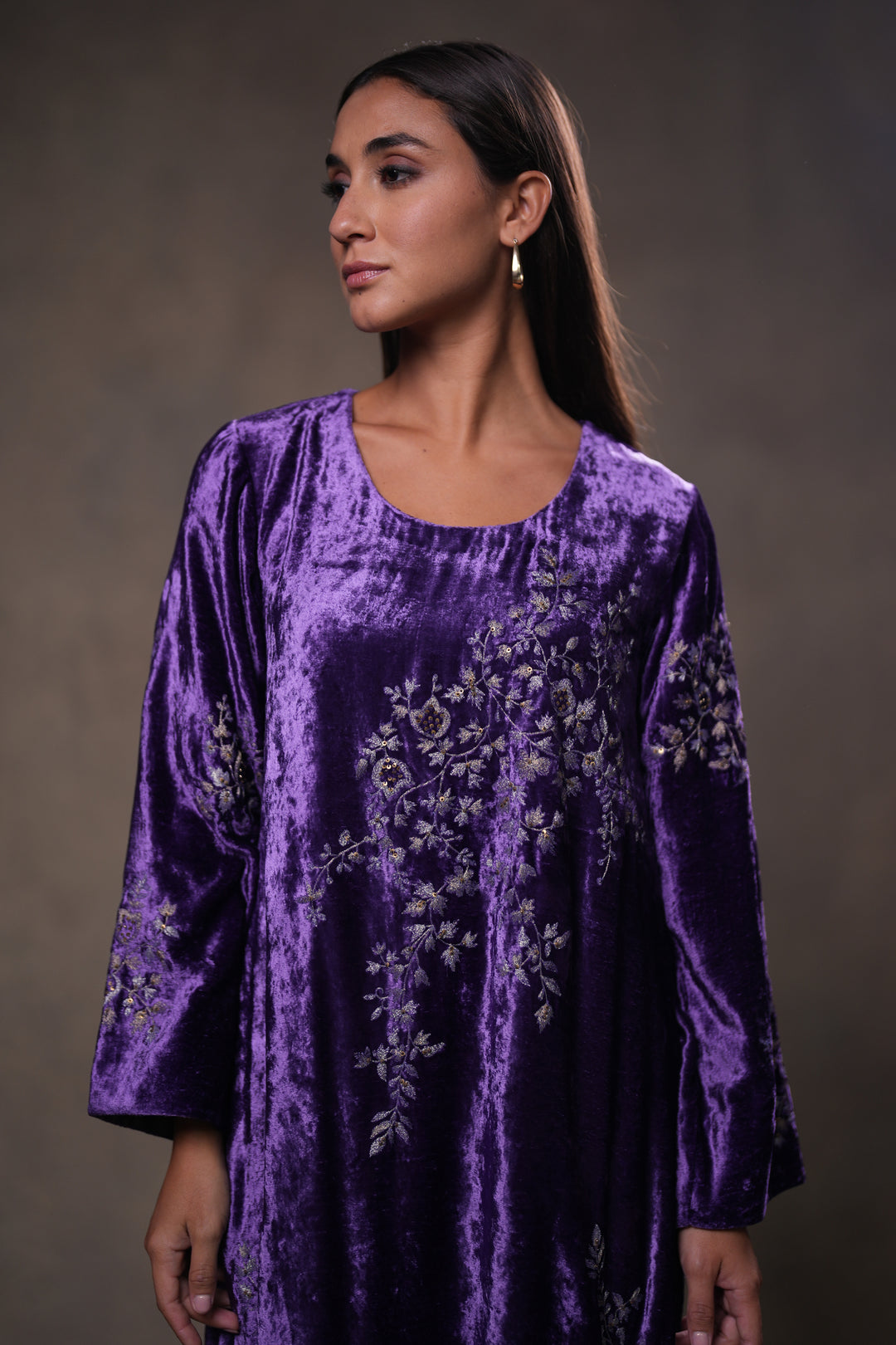 Purple Hand Embroidered Velvet Kurta with Pants and Dupatta