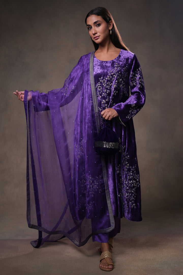 Purple Embroidered Organza Dupatta
