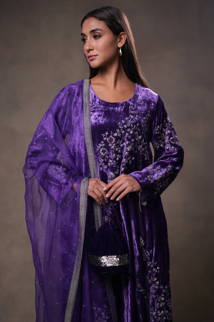 Purple Embroidered Organza Dupatta