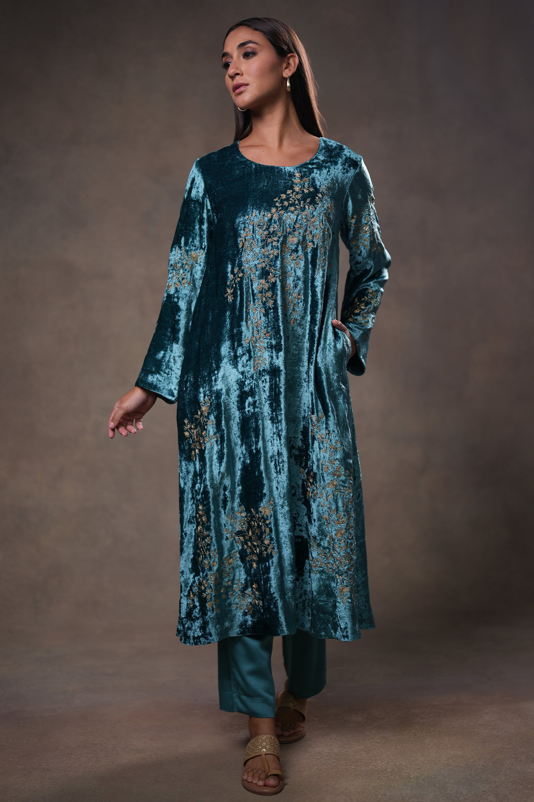Teal Hand Embroidered Velvet Kurta with Pants and Dupatta
