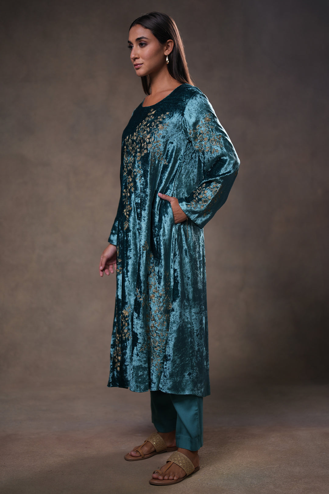 Teal Hand Embroidered Velvet Kurta with Pants and Dupatta
