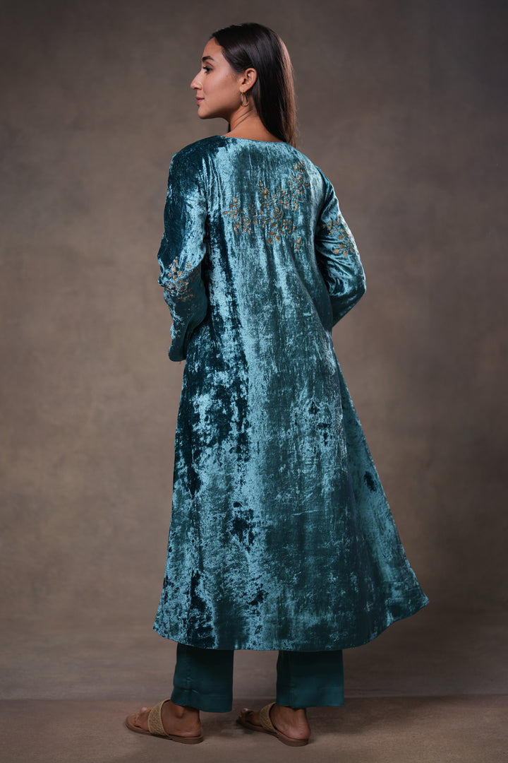 Teal Hand Embroidered Velvet Kurta with Pants and Dupatta
