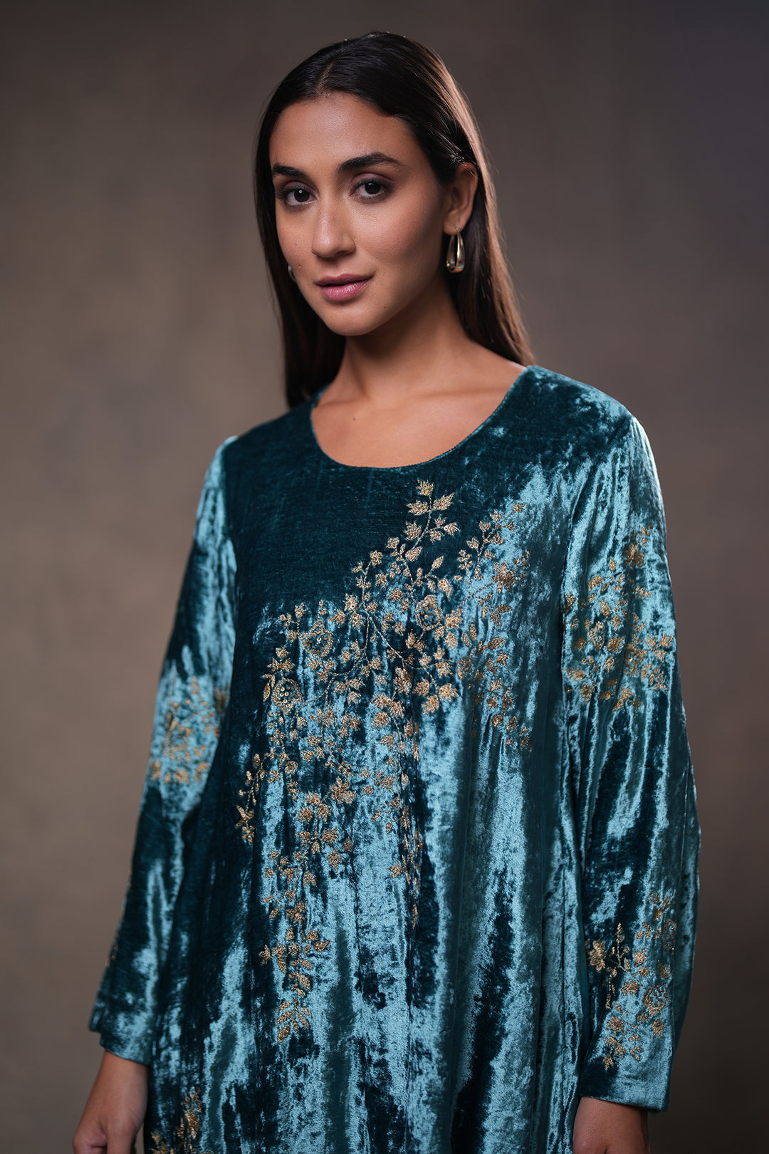Teal Hand Embroidered Velvet Kurta with Pants and Dupatta