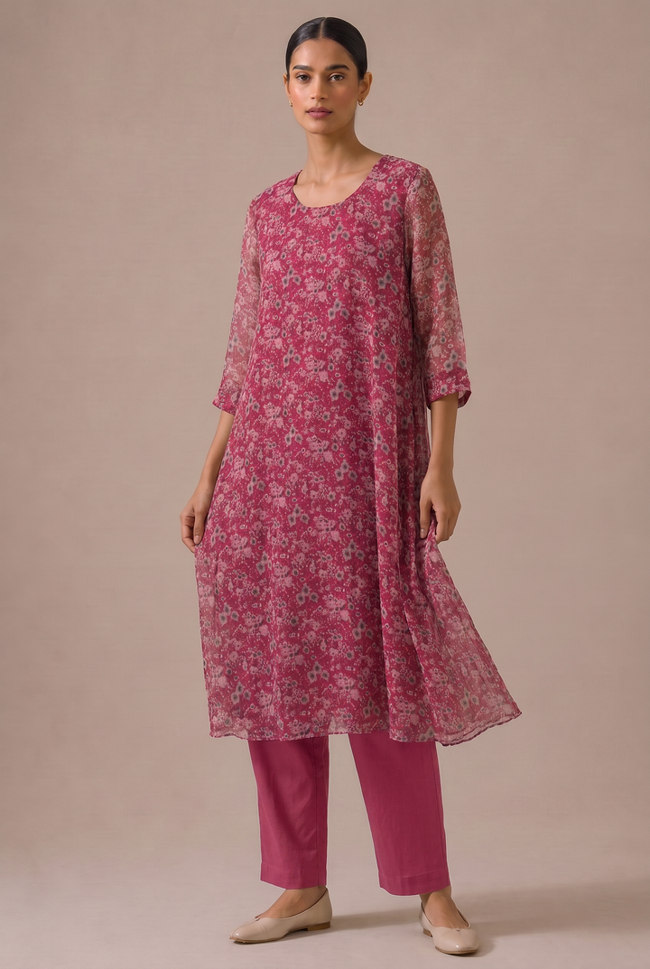 Magenta Blossom Printed Chiffon Kurta