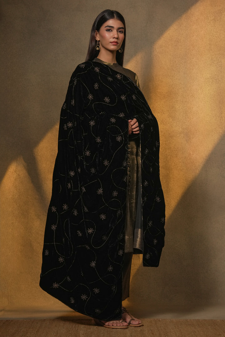 Black Tissue Kurta with Pants and Velvet Dupatta