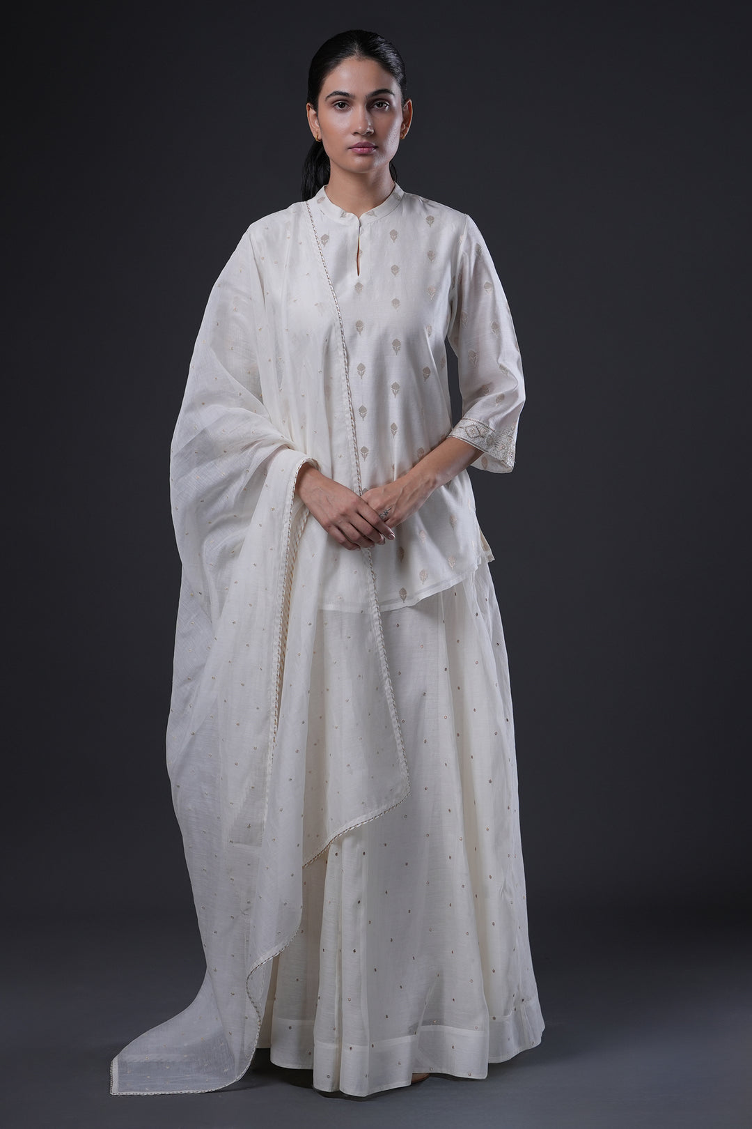 Natural Hand Embroidered Banarsi Chanderi Short Kurta