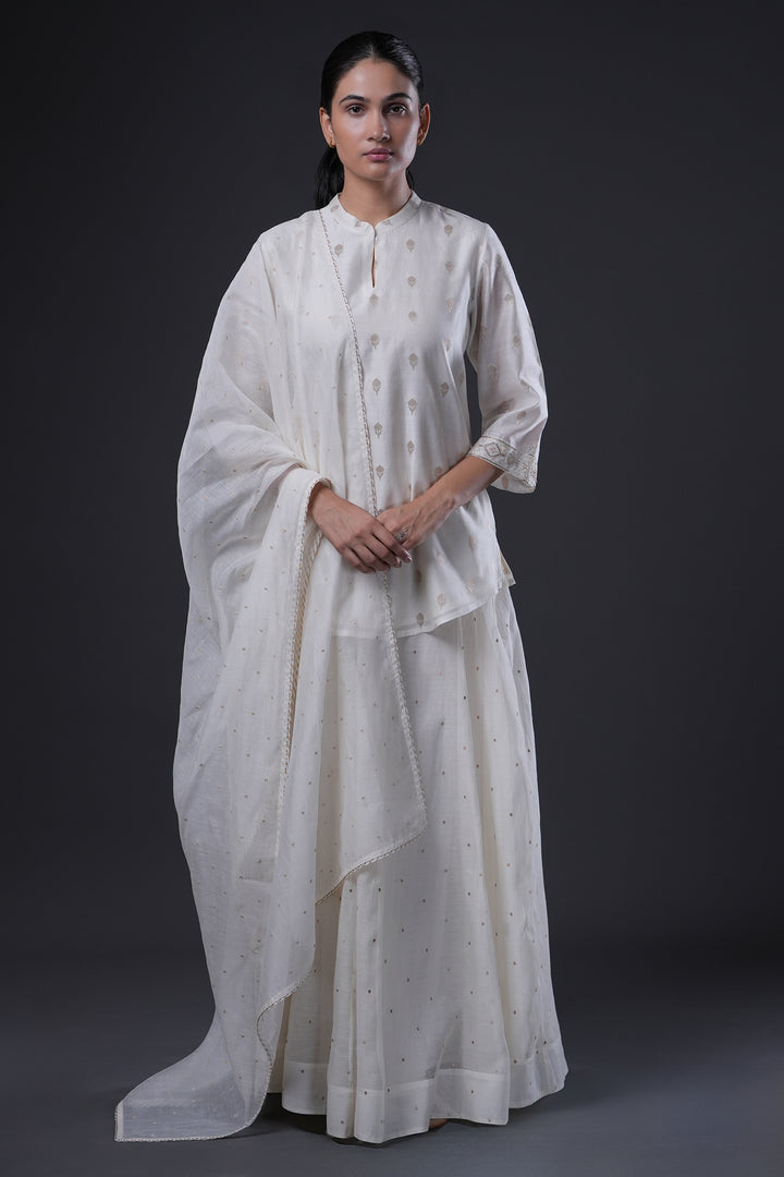 Natural Hand Embroidered Banarsi Chanderi Short Kurta
