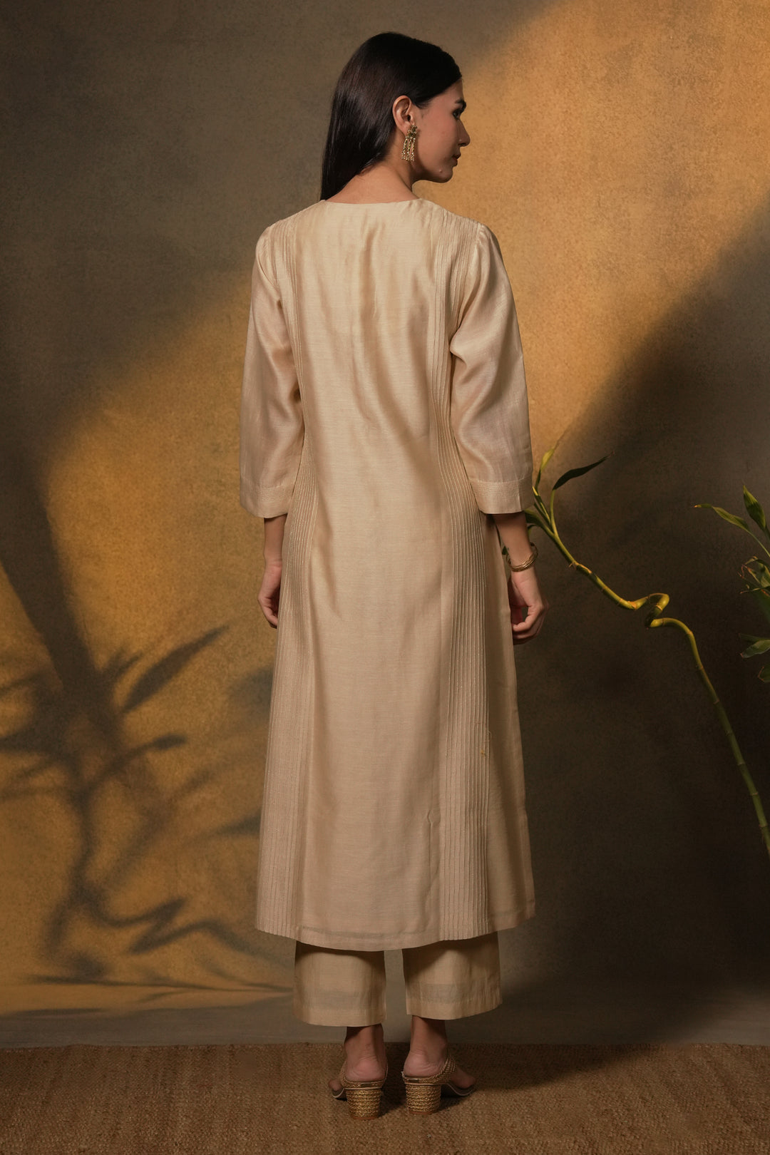 Beige Chanderi Kurta with Pants and Hand Embroidered Dupatta