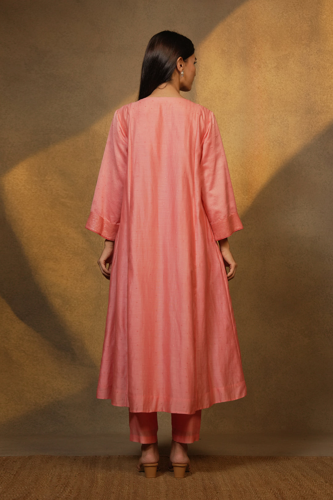 Peach Hand Embroidered Chanderi Kurta with Pants and Dupatta