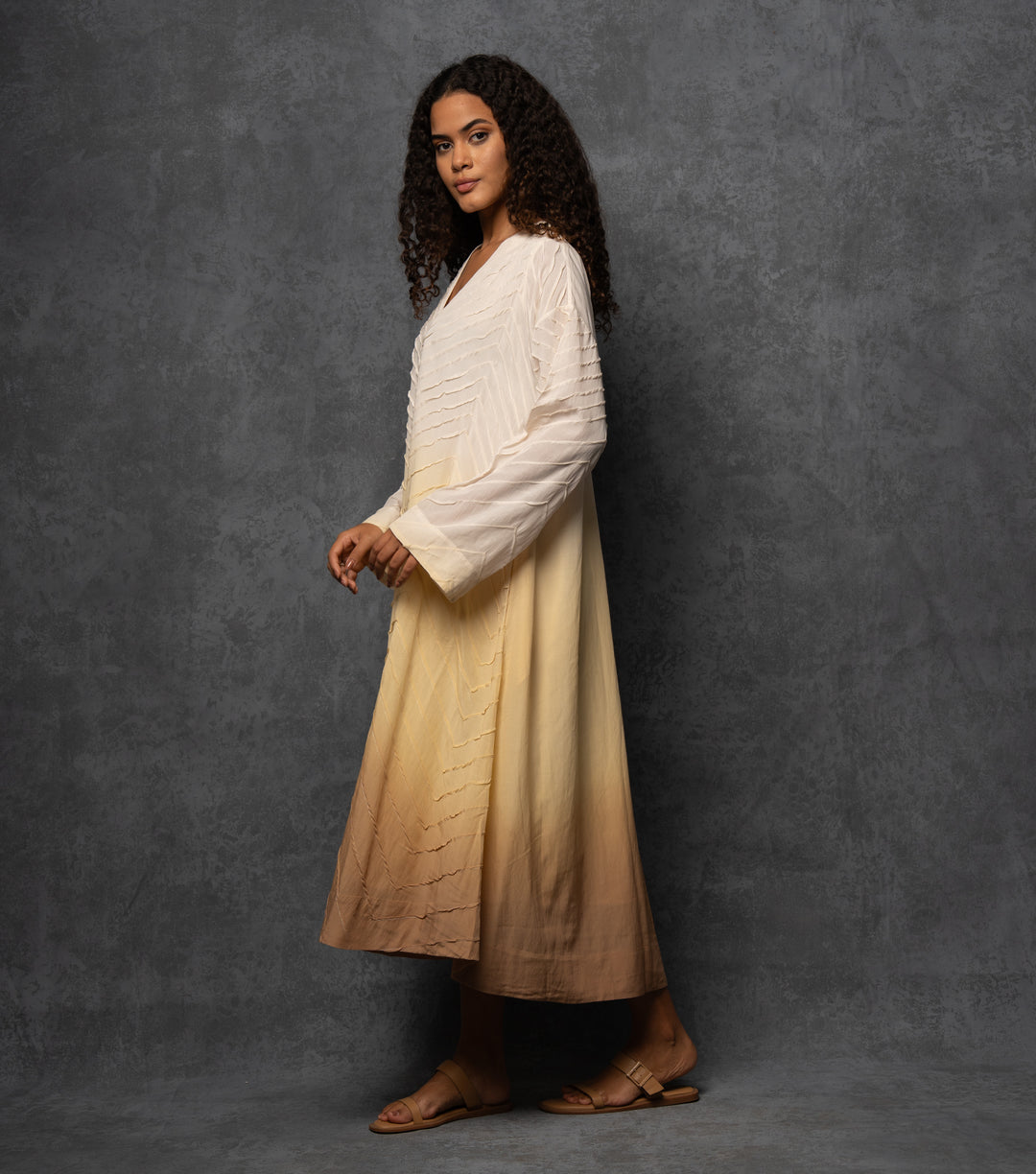 Yellow & Beige Ombre Thread Embroidered Cotton Dress