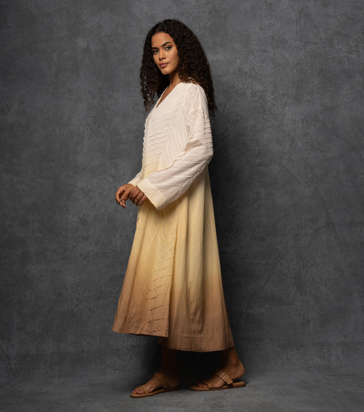 Yellow & Beige Ombre Thread Embroidered Cotton Dress