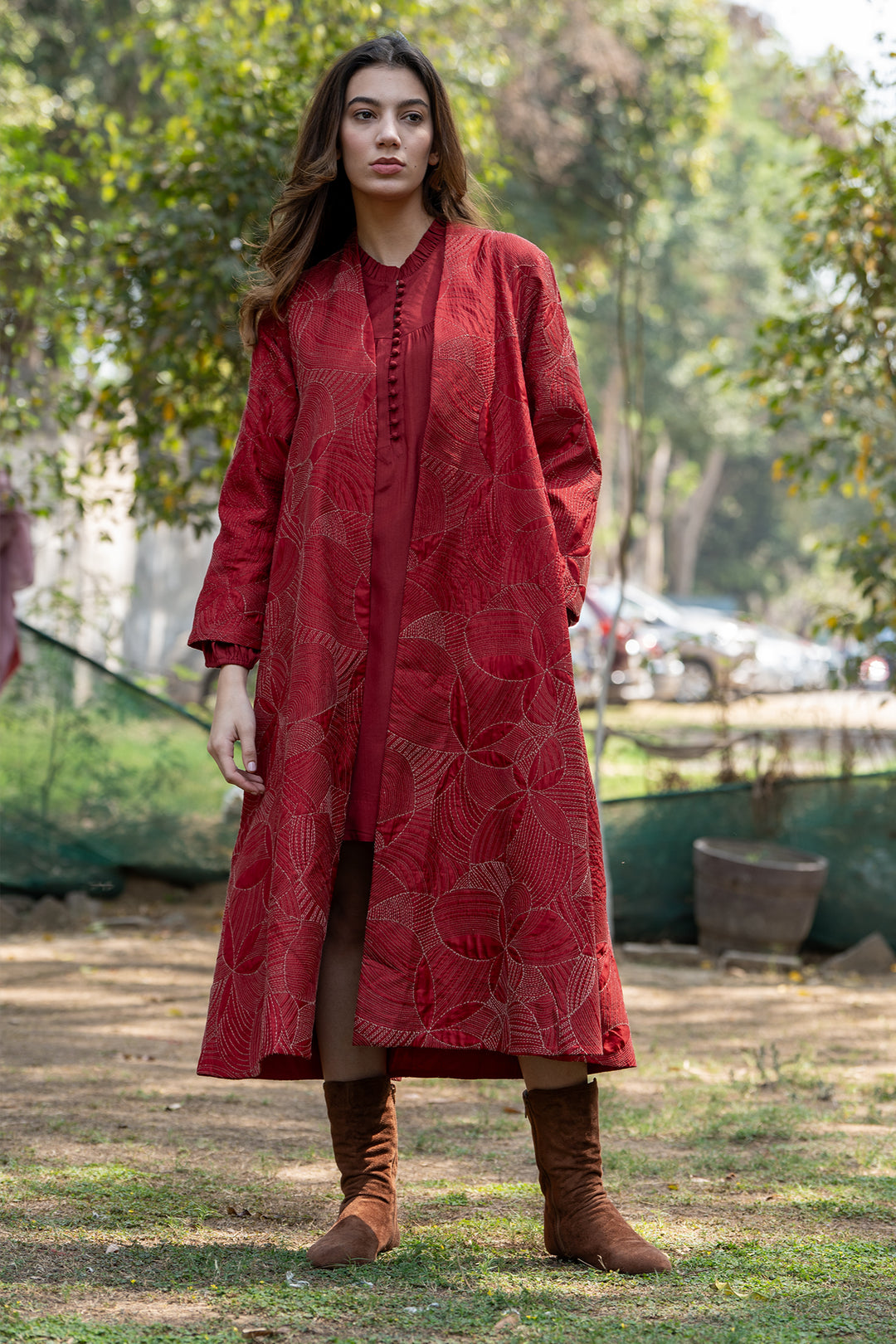 Red Embroidered Quilted Silk Jacket