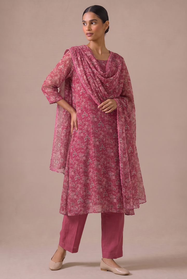 Magenta Chiffon Printed Dupatta