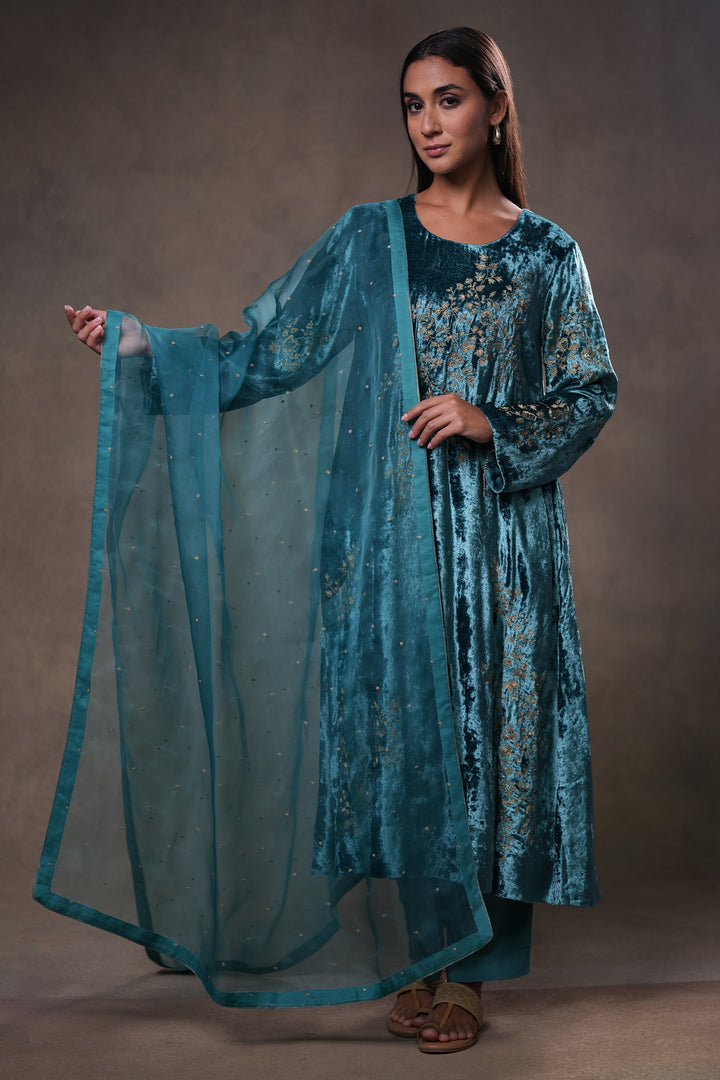 Teal Embroidered Organza Dupatta