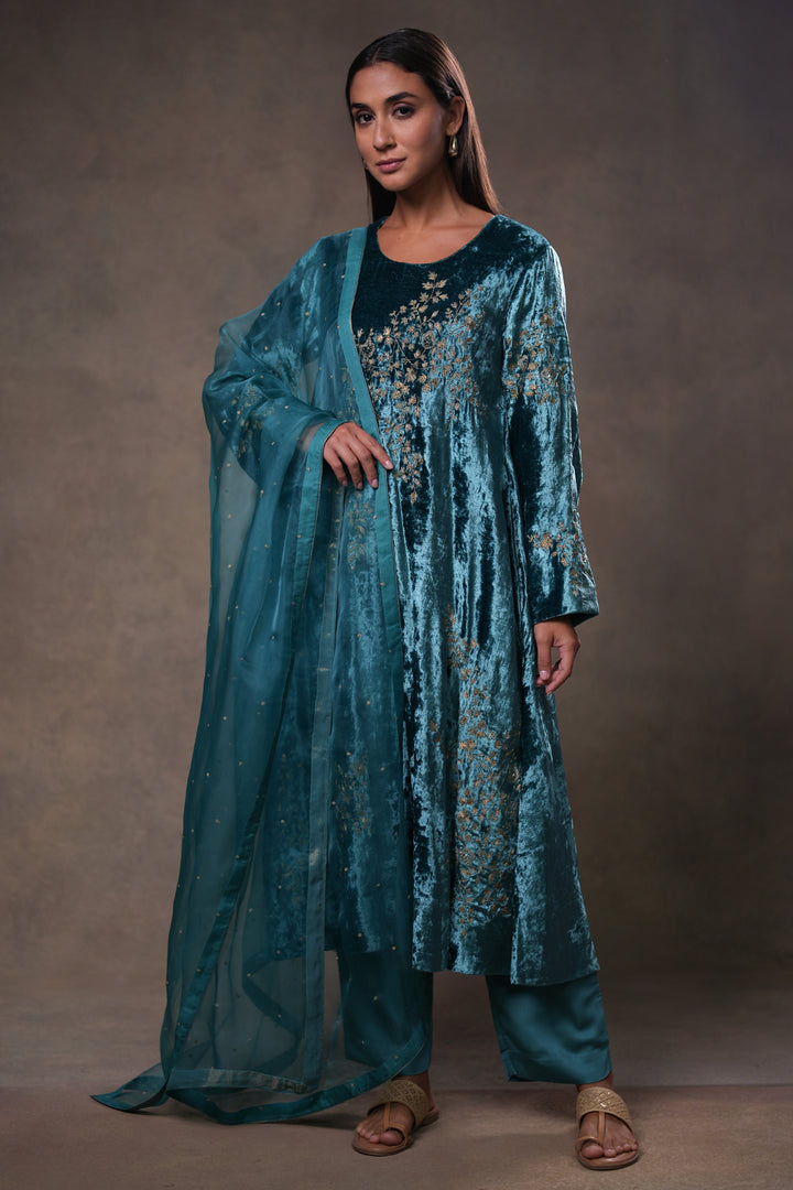 Teal Embroidered Organza Dupatta